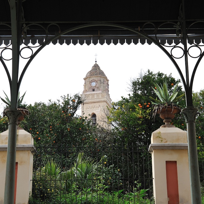 View of the bell tower of the Church of Santa Barbara