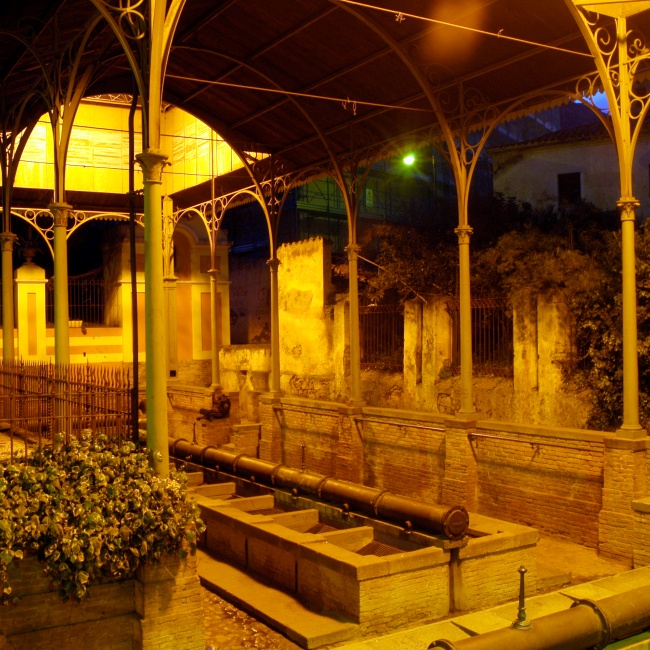 Veduta notturna dell'interno con le vasche