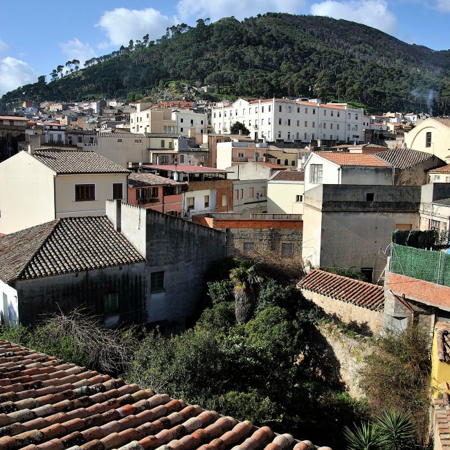 View of the historic center with the town hall in the distance