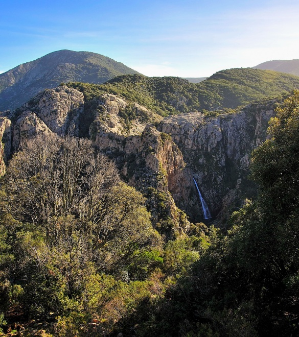 The Linas mountains with the waterfall